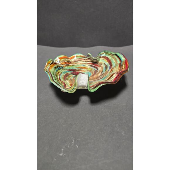 Murano Style Art Glass Bowl Dish Multicolor Swirl Ruffled Edge Centerpiece - Picture 6 of 9
